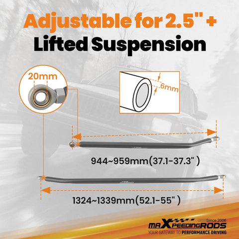 Beefed Up Steering Kit With Adjustable Heim Joints For Cherokee XJ, Grand Cherokee ZJ, Comanche MJ, Wrangler TJ And LJ With 2.5 Inch Lift Upgrade For Off Road Toughness, Precise Steering And Smooth Handling; adjustable steering link 20mm heim joints