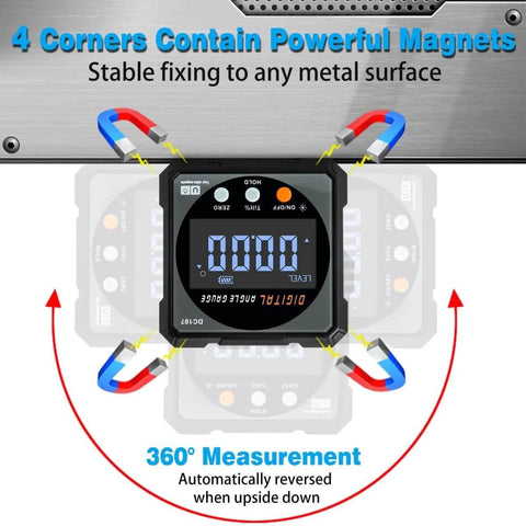 Digital Angle Finder With Laser And Magnetic Cube Protractor For Woodworking displaying 360-degree measurement feature.