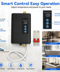 Premium Tankless Water Heater Pumping Out Kickin Instant Hot Water With Convenient Remote Setup For Kitchen Faucet 3000W electric unit with display.
