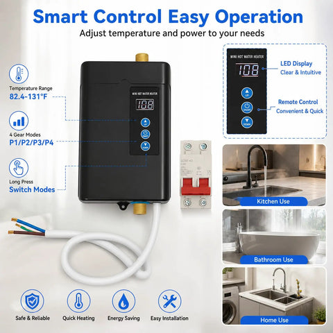Premium Tankless Water Heater Pumping Out Kickin Instant Hot Water With Convenient Remote Setup For Kitchen Faucet 3000W electric unit with display.