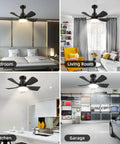 Lit 2 In 1 Socket Ceiling Fan With Light And Remote installed in various rooms, scene showing bedroom, living room, kitchen, garage.