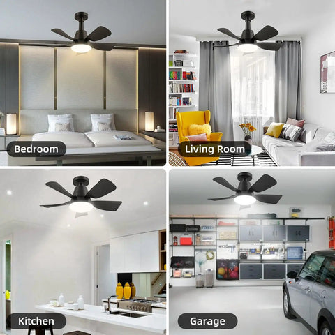 Lit 2 In 1 Socket Ceiling Fan With Light And Remote installed in various rooms, scene showing bedroom, living room, kitchen, garage.