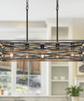 Farmhouse Style 33.5 Inch Five Light Linear Chandelier with retro wood texture in dining room setting, rustic-industrial design