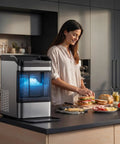 Countertop Nugget Ice Maker Makes Forty Eight Pounds Per Day With Instant Freeze Speed And Zero Stress Cleaning on kitchen counter.