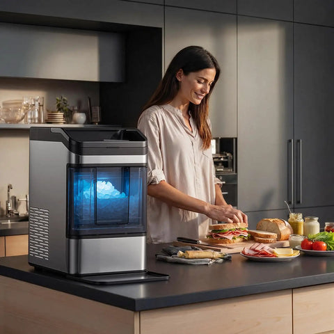 Countertop Nugget Ice Maker Makes Forty Eight Pounds Per Day With Instant Freeze Speed And Zero Stress Cleaning on kitchen counter.