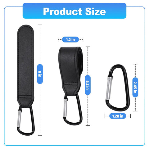 Product size chart for 4 Pack Premium Non Slip Stroller Hooks With Adjustable Carabiner Clips for Diaper Bags Purses and Groceries
