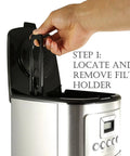 Hand removing filter holder in Cuisinart coffee maker, Step 1 of using 12 Pack Coffee Activated Charcoal Cartridges Water Filter Replacement For DCC RWF And Cuisinart Coffeemaker, Compatible With Kenmore Delonghi Capresso Partial Models.