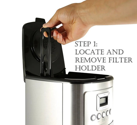 Hand removing filter holder in Cuisinart coffee maker, Step 1 of using 12 Pack Coffee Activated Charcoal Cartridges Water Filter Replacement For DCC RWF And Cuisinart Coffeemaker, Compatible With Kenmore Delonghi Capresso Partial Models.