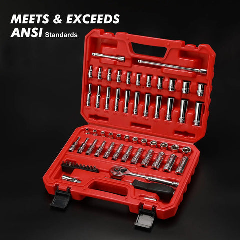 Beefy 1/4 Inch Drive Master Socket Set With Ratchets, Adapters, Extensions, Inch And Metric in red impact-resistant case