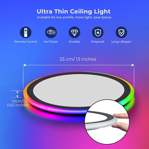 Dope RGB LED Flush Mount Ceiling Light With Remote Control, 13-Inch 24W 2400LM, side view, ultra-thin design, black trim