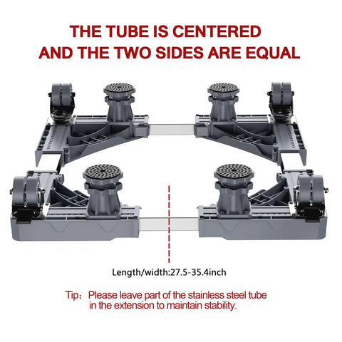 Beefy Adjustable Mobile Base For Fridges And Heavy Appliances with centered tube, shown with four locking wheels and feet, gray color.