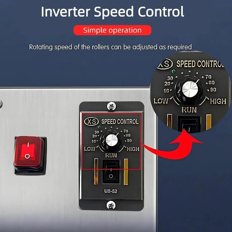 Inverter speed control panel showing adjustable roller speed for Knockout Tabletop Candy Coater With Silky Sugar Glazing And Quick Blower System For Sweet Small Batch Sweets 180 Watt Motor 1000 Watt Heater 3 To 6 Kilos Per Hour Bulletproof Base Stand Included.