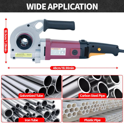 Heavy Duty Electric Pipe Threader Kit With Four Replaceable Steel Dies For One Half To One Inch Four Inches Pipes 28 Rpm No Load Speed And Included Carry Case For Professional Plumbing Jobs On Site showing steel dies and pipes.