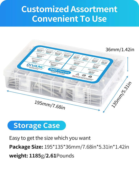 Storage case for Stainless Steel Self Tapping Screws Assortment Kit 560 Pcs M3 M4 M5 M6 Flat Head And Round Head Phillips Drive