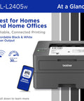 Compact Wireless Monochrome Laser Printer With Mobile Printing And Alexa Compatibility For WFH Home Offices Black And White Output Up To 30 Pages Per Minute Includes Refresh Subscription Trial, front view with mobile app feature highlighted