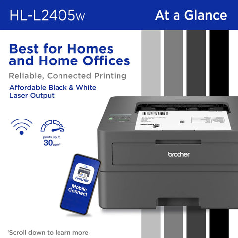 Compact Wireless Monochrome Laser Printer With Mobile Printing And Alexa Compatibility For WFH Home Offices Black And White Output Up To 30 Pages Per Minute Includes Refresh Subscription Trial, front view with mobile app feature highlighted