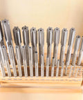 Front view: 29-piece HSS chucking reamer set in wooden case; straight flute, right-hand cut; 1/16–1/2 in, 1/64 in steps.