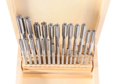 Front view: 29-piece HSS chucking reamer set in wooden case; straight flute, right-hand cut; 1/16–1/2 in, 1/64 in steps.