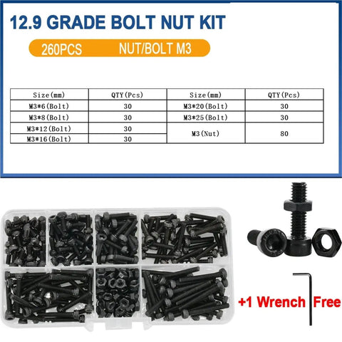 Durable M2 To M6 Black Carbon Steel Hex Socket Fastener Set With Screws Bolts And Nuts Metric Threaded Hex Hardware Kit Built To Last For DIY Projects Cabinets Machinery And Auto Repairs, M3 kit