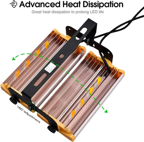 Heavy Duty 100W LED Flood Lights Hella Bright IP65 Waterproof Security Lamps displaying advanced heat dissipation design for improved longevity.