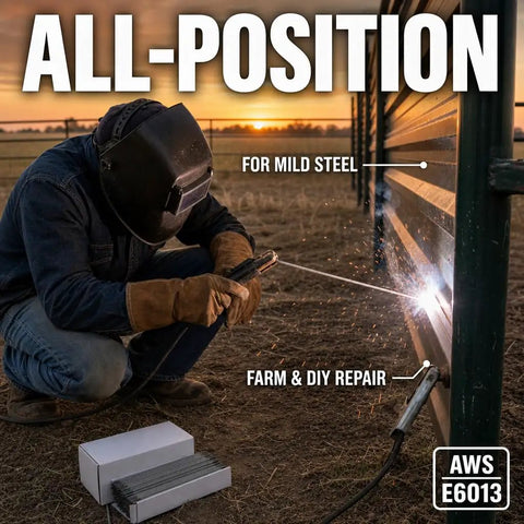 Person welding with Heavy Duty E6013 Welding Rods 3/32 Inch Diameter By 14 Inches For Carbon Steel Arc Stick Electrodes.