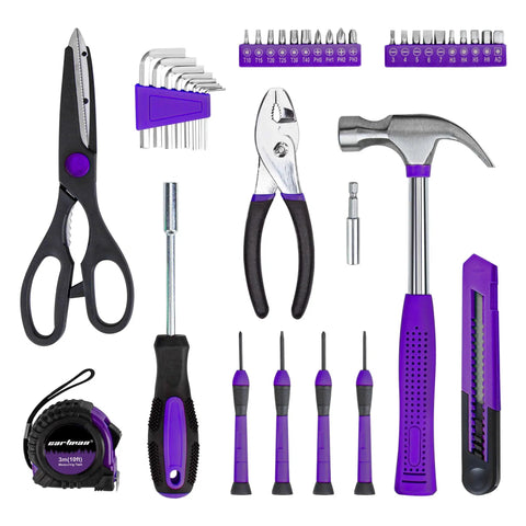 Premium Thirty Nine Piece Household Tool Set With Heat Treated Chrome Hammer Pliers Screwdrivers Tape Measure And Sleek Purple Carry Case Built For Weekend Warriors Doing Quick Home Fixes Real Deal