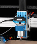 65mm Aluminum CNC Spindle Mount And Holder For PROVerXL 4030 CNC Machine Sturdy Z Axis Assembly Kit Upgrade For Installing A Beefed Up Trimmer For Precision Milling And Upgraded Cutting Performance shown in secured and installed position.