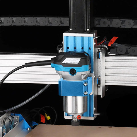 65mm Aluminum CNC Spindle Mount And Holder For PROVerXL 4030 CNC Machine Sturdy Z Axis Assembly Kit Upgrade For Installing A Beefed Up Trimmer For Precision Milling And Upgraded Cutting Performance shown in secured and installed position.