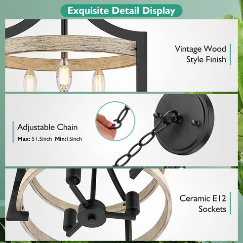 Detail view of Versatile 3 Light Farmhouse Chandelier With Adjustable Height Pendant Or Semi Flush Mount Rustic Ceiling Light Fixture