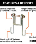 Heavy Duty Steel Trailer Safety Chain Holder Bracket For Two Inch Hitch Shank Bolt On Mount showing features and benefits.