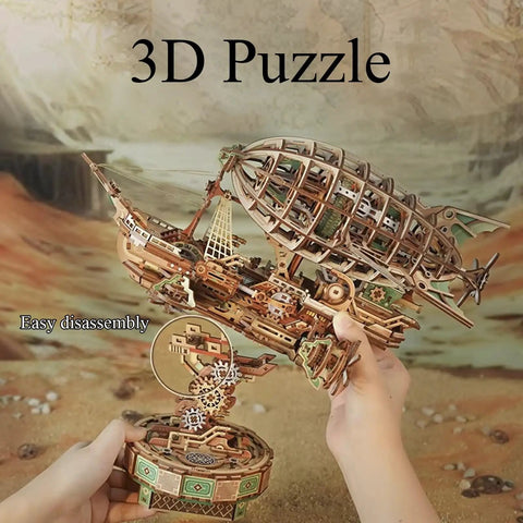 Hands holding 3D Wooden Airship Puzzle For Adults, Steampunk Vibe Fantasy Model Kit showcasing intricate mortise and tenon construction.