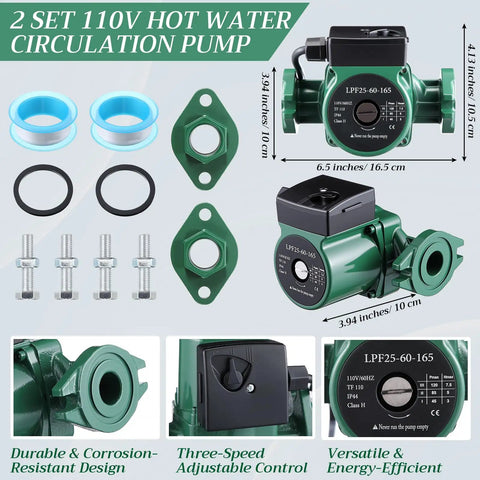 Heavy Duty Hot Water Circulation Pump Two Pack With Slick Booster Kit For House And Shop Use 110 Volt 14.6 Gpm 24 Foot Head Cast Iron Build Plus No Hassle Hardware Bundle, 110V pump with accessories for efficient hot water circulation.