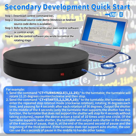 Large Programmable Electric Rotating Platform For Pro Photography And 3D Scanning With Bluetooth And Usb Control Api Ready Custom Workflow Built Different Studio Setup Lazy Susan Display Stand connected to a laptop for setup instructions.