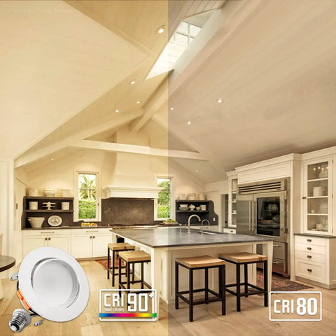 Kitchen setting with 4 Inch Retrofit LED Gimbal Recessed Light Pack Of Four, showing CRI 90 Plus vs CRI 80 lighting effect.