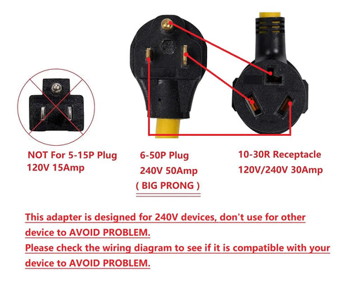 NEMA 6-50P To 10-30R 240V 30 Amp 3 Prong Male Plug To 3 Prong Female Outlet Receptacle Power Cord Adapter diagram