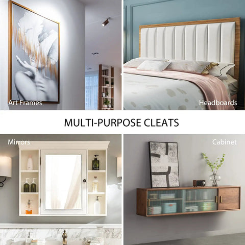 Heavy Duty French Cleat Picture Hanger Kit With Stealth Aluminum Wall Brackets For Artwork Mirrors And Whiteboards Holds 50 Pounds Per Pair No Sweat Install displayed with art frames, headboards, mirrors, and cabinets.