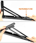 Black metal folding shelf bracket, 14-inch, wall-mounted, front view with fold button
Black metal folding shelf bracket, 14-inch, side view showing hinge and support arms