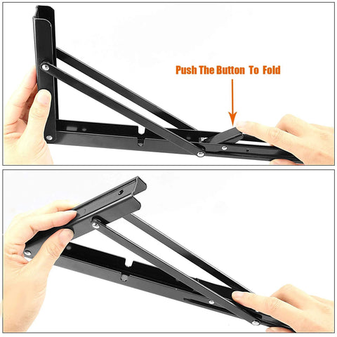 Black metal folding shelf bracket, 14-inch, wall-mounted, front view with fold button
Black metal folding shelf bracket, 14-inch, side view showing hinge and support arms
