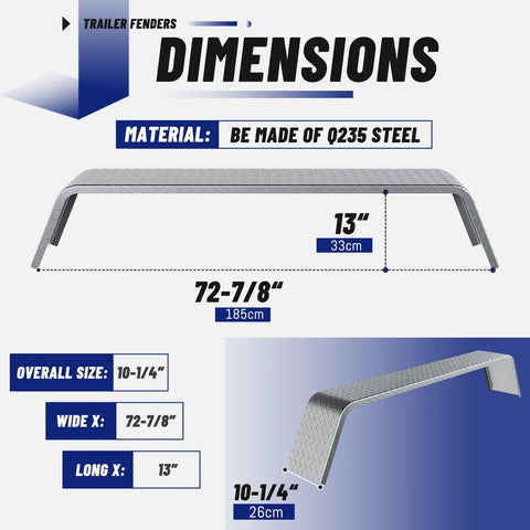 Tandem Axle Trailer Fenders 72 7/8 by 10 1/4 by 13 Inches Fits 13 to 15 Inch Tires Built Tough Heavy Duty Steel Welded Frame