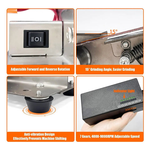 7 Speed Adjustable Electric Belt Sander Machine 15 Degree Bench Grinder With Forward Reverse Switch Copper Motor controls and features.
