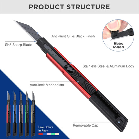 Workpro retractable utility knife with snap-off blades, red and black aluminum handle, 5-pack with 10 extra 9mm blades
