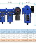 Go To Half Inch NPT Air Dryer System with Filter for Air Compressors, shown with dimensions and five micron filter cartridges