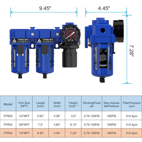 Go To Half Inch NPT Air Dryer System with Filter for Air Compressors, shown with dimensions and five micron filter cartridges