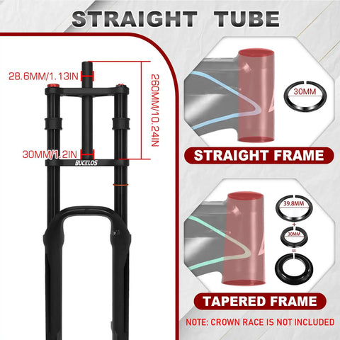 26 Inch Fat Tire Electric Bike Front Fork With Air Suspension, 180mm Travel, 135mm Hub Spacing, One And One Eighth Inch Straight Steerer