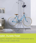 Michelangelo Gravity Two Bike Storage Rack No Drill Wall Lean Vertical Bike Holder with blue bicycle in living room