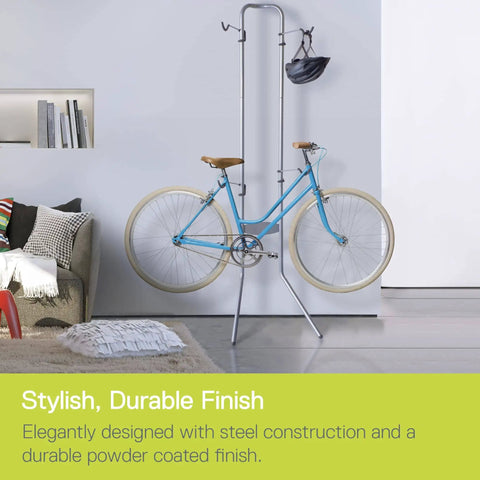 Michelangelo Gravity Two Bike Storage Rack No Drill Wall Lean Vertical Bike Holder with blue bicycle in living room