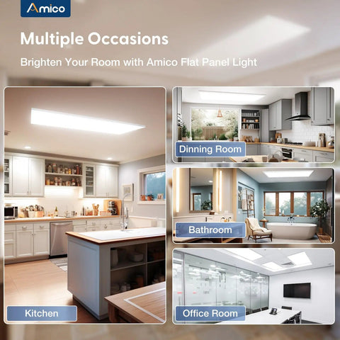 1x4 LED Flat Panel Light Surface Mount, Dimmable Triac shown in kitchen and other room settings, 3CCT, ETL certified