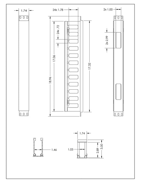 Technical drawing of 1U Horizontal Rack Mount Cable Management Unit with Panel, Plastic Construction, includes mounting screws.