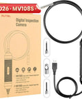 MV108S Digital Inspection Camera 1920x1080 HD 2MP Bore Scope With 8.5mm Imager Head For Tight Pipes And Narrow Corners Clear Crisp Images For Plumbing Automotive And Home Diagnostics., box and 8.5mm flexible cable with USB accessories