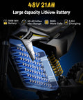Closer view of 48V 21Ah battery for 3500W Peak Electric Dirt Bike for Teens and Adults with range up to 55 miles and hydraulic brakes.
